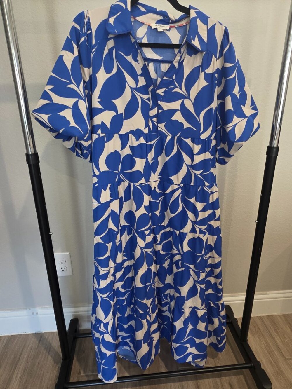 Umgee Blue White Floral Palm Tiered Shirt Dress Short Sleeve Maxi Large